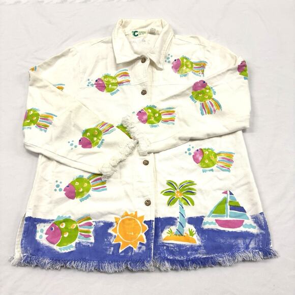 Vtg Fish Tropical Print Denim Jacket Handpainted Camper's Size L Kidcore Whimsy - Picture 1 of 9